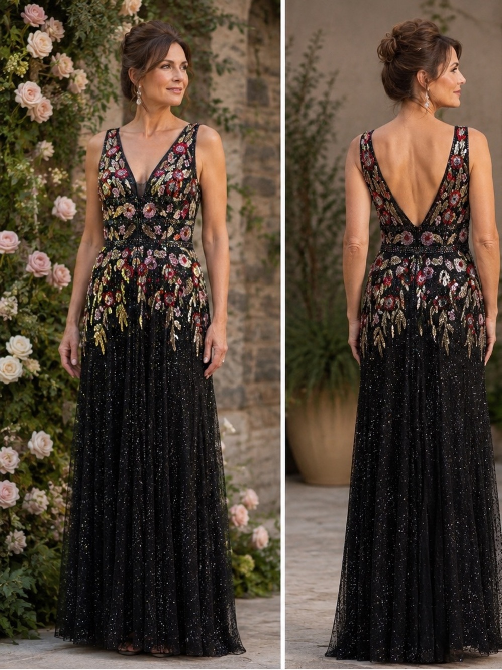 Black Floral Sequin Maxi Dress with Gold Accents
